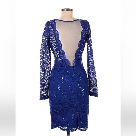 Sequin Hearts mesh back, lace and sequin blue sheath cocktail party dress, 7 - Picture 3 of 14